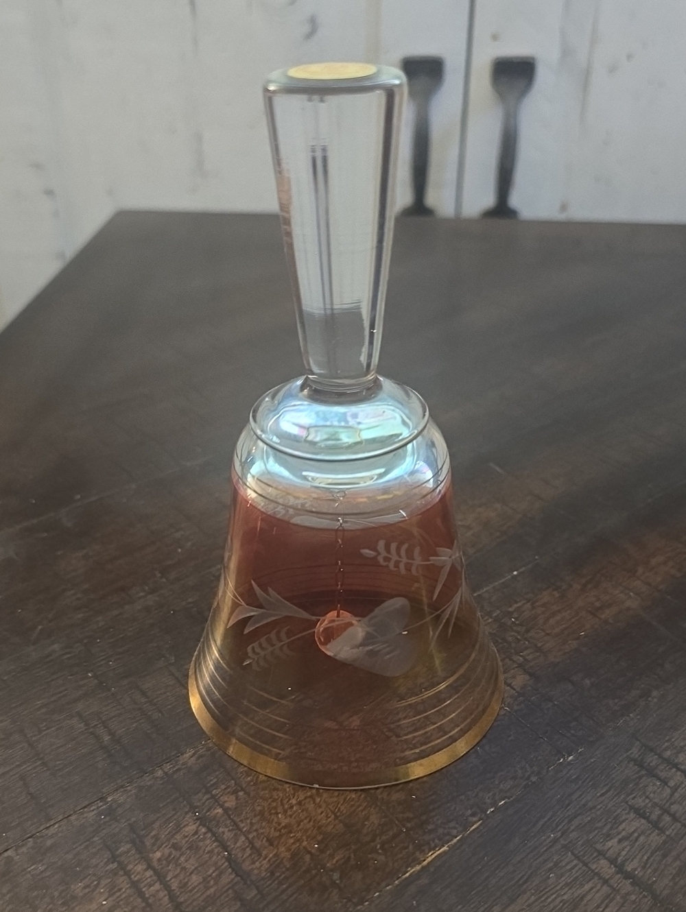 Etched Amber Glass Hand Bell with Clear Handle